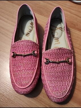 Sam Edelman Pink Tweed Kids Loafers with Gold Bit